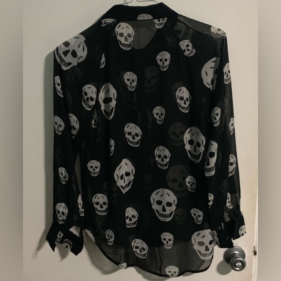 Skull Pattern Black Sheer Button Down Top - Picture 1 of 3